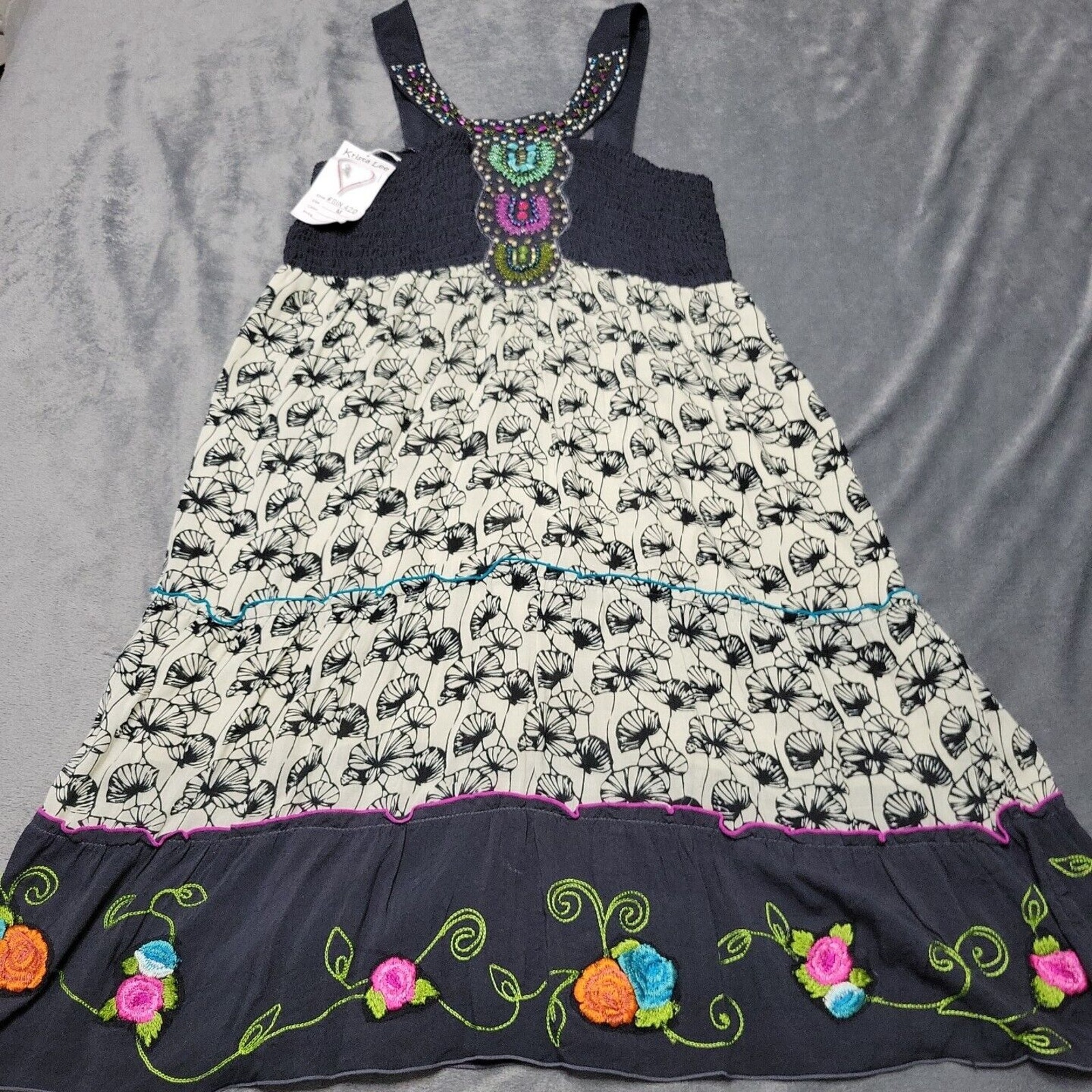 New Krista Lee Mini Womens Medium Dress Black Boho Tiered Sleeveless Embroidered